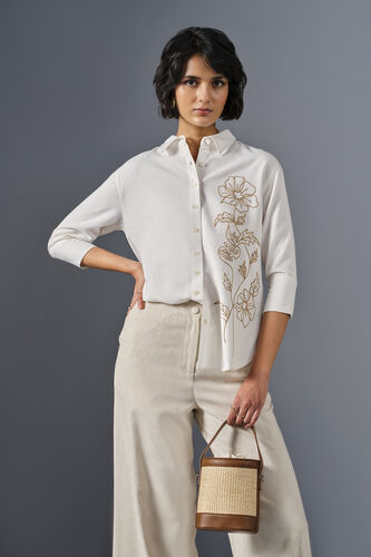 Floral Touch Viscose Linen Blend Shirt, White, image 4